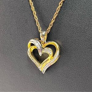 VTG 925 Sterling Gold Plated Double Heart Crystal Pendant Necklace 18"